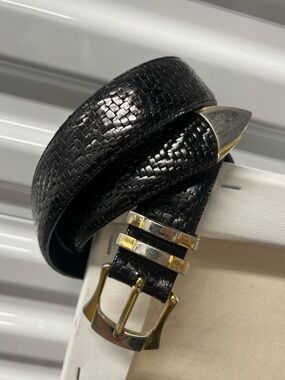 Vtg Cale Black Woven Leather Men’s Belt 36 with Silver & Gold Buckle